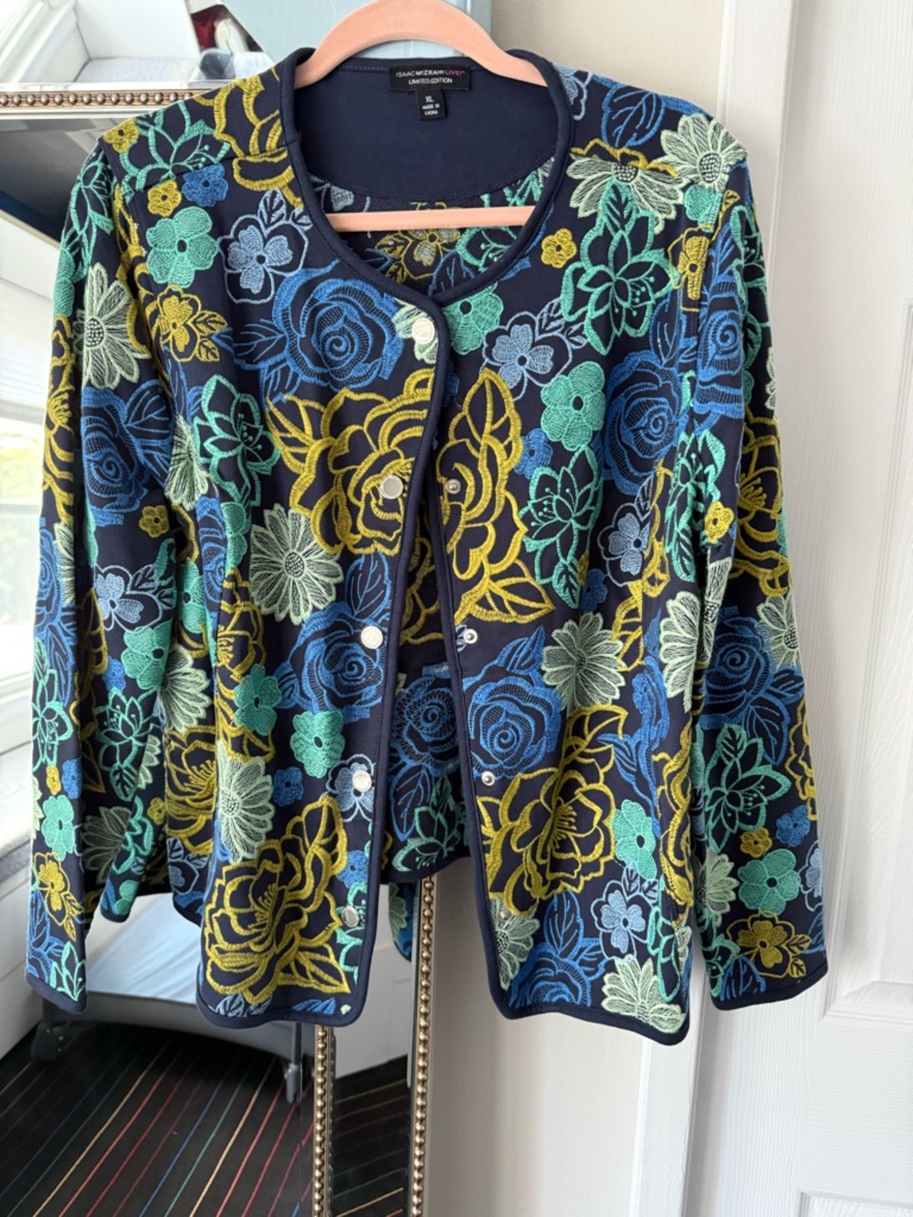 Isaac Mizrahi Navy Floral Embroidered Cardigan Jacket - Blue, Green, Yellow